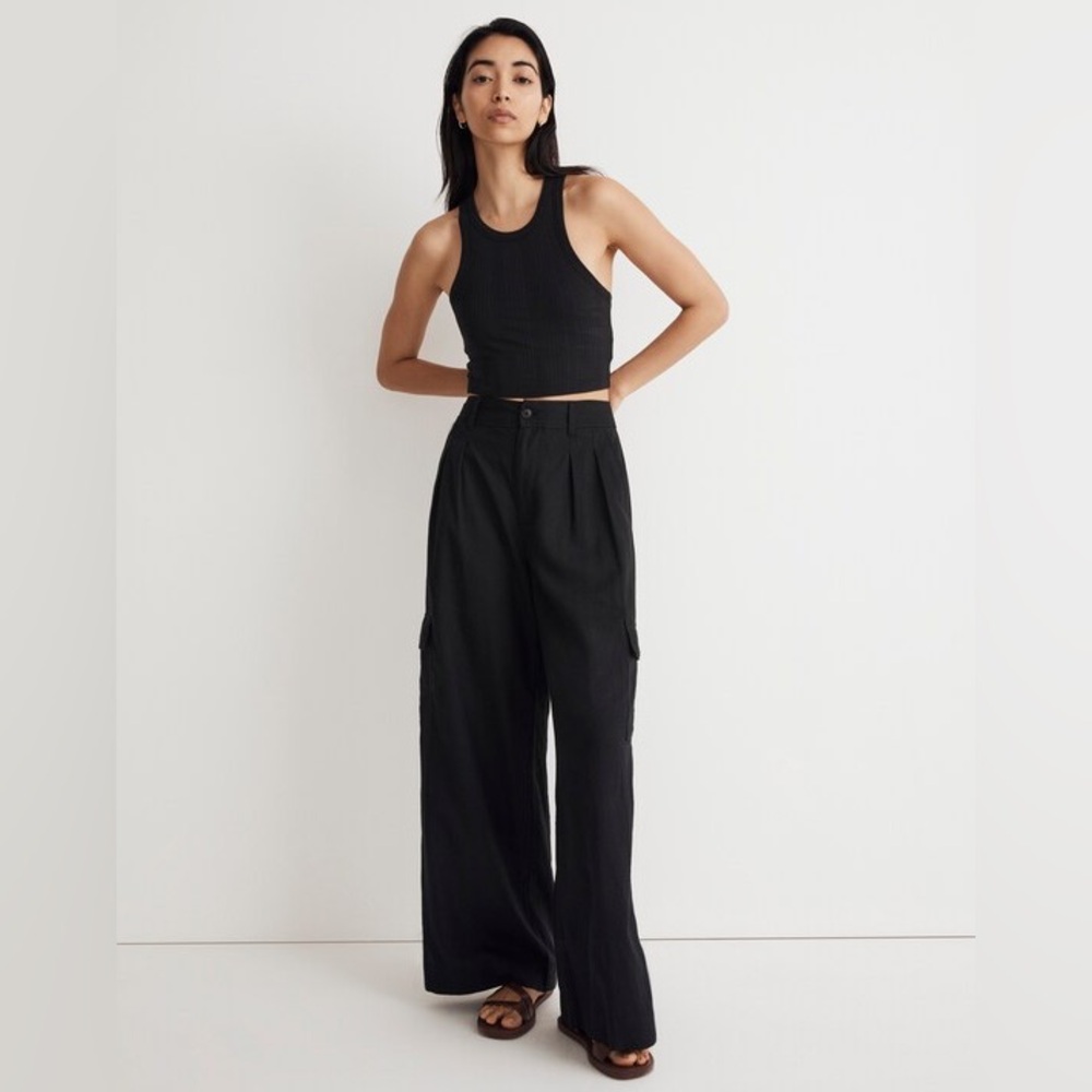 NWOT Madewell Black Wide-Leg Cargo Pants in Linen-Blend Curvy 2